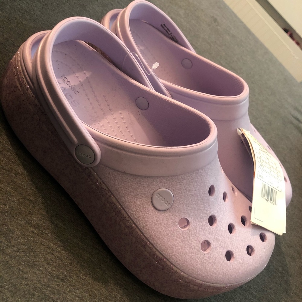 PURPLE GLITTER PLATFORM CROCS